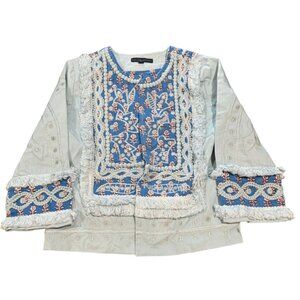 Indigo Moon Embroidered Jacket Blue Floral Fringe Pom Pom Beaded XS |O1